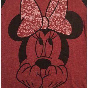 Disney's MINNIE MOUSE Baseball T-shirt, Maroon Red 3/4 Black Sleeves, Women’s XS